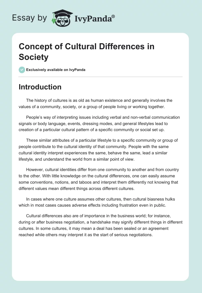 Concept of Cultural Differences in Society. Page 1