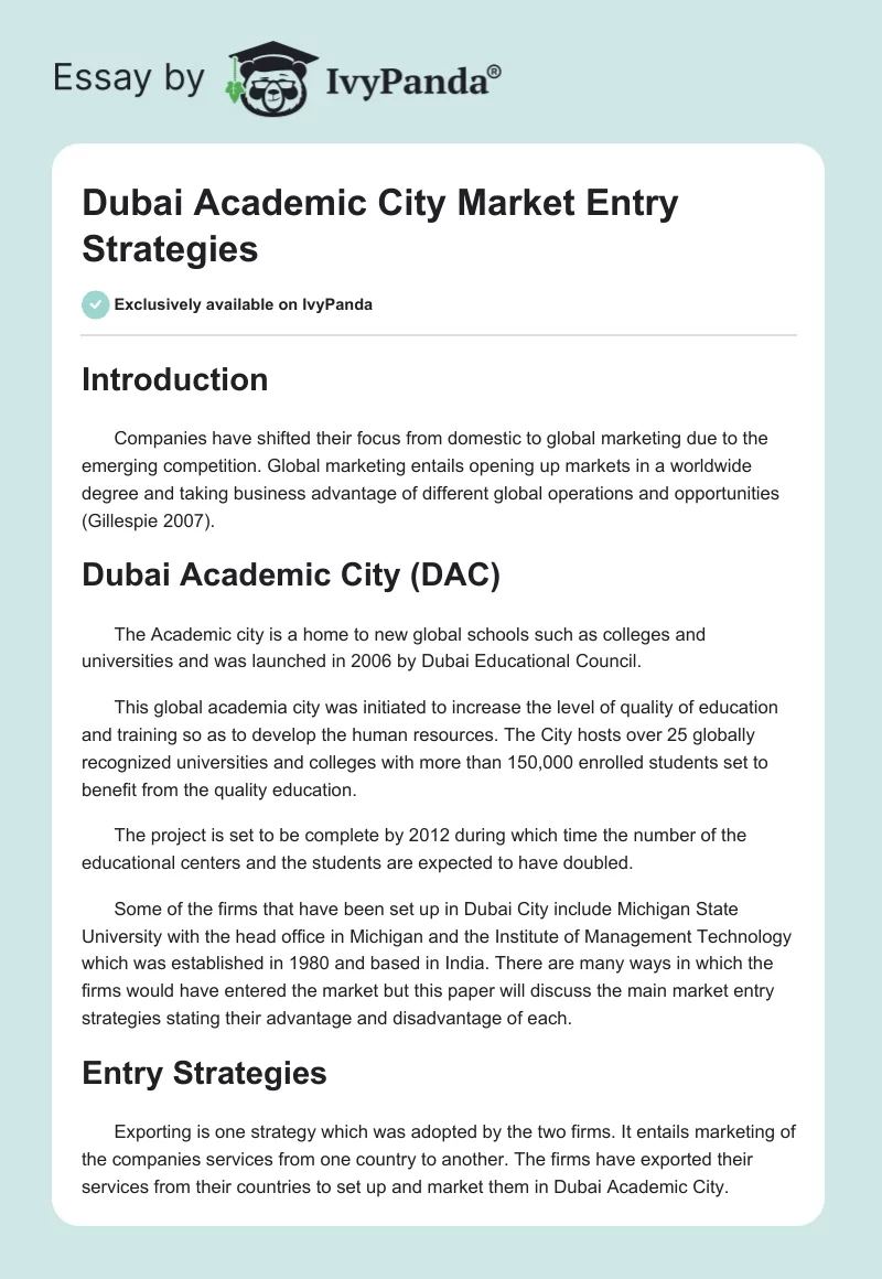 Dubai Academic City Market Entry Strategies. Page 1