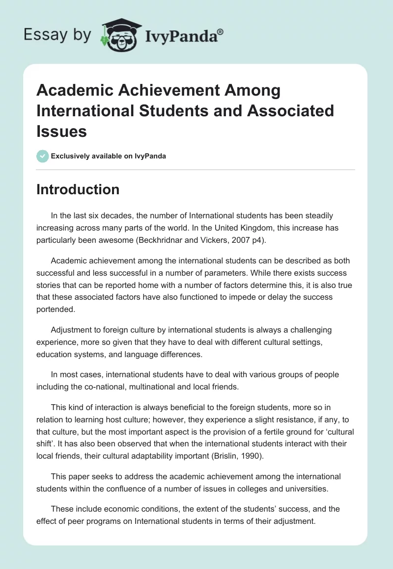 Academic Achievement Among International Students and Associated Issues. Page 1