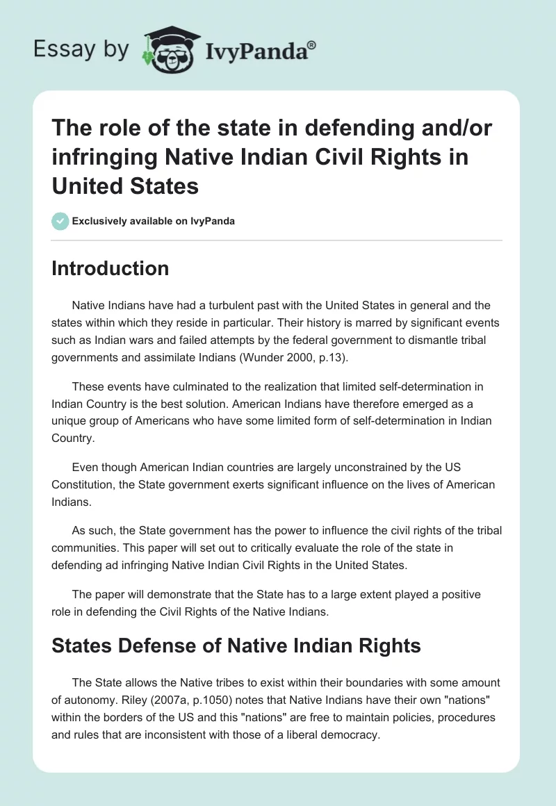 The role of the state in defending and/or infringing Native Indian Civil Rights in United States. Page 1