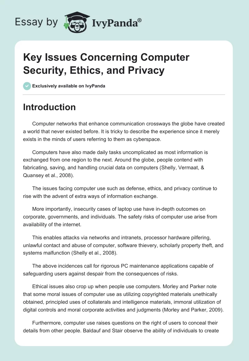 Key Issues Concerning Computer Security, Ethics, and Privacy. Page 1