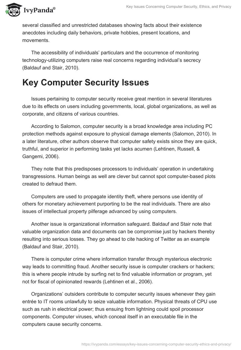 Key Issues Concerning Computer Security, Ethics, and Privacy. Page 2