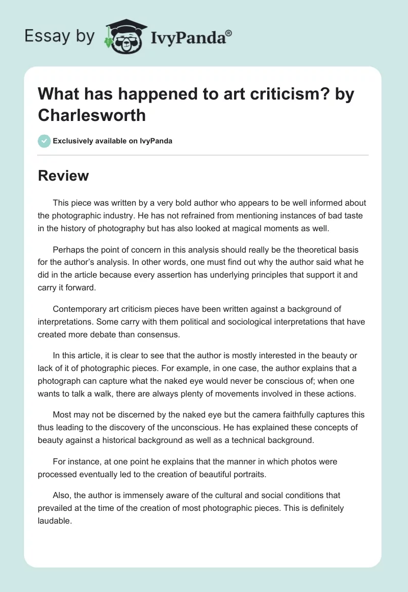 "What Has Happened to Art Criticism?" by Charlesworth. Page 1