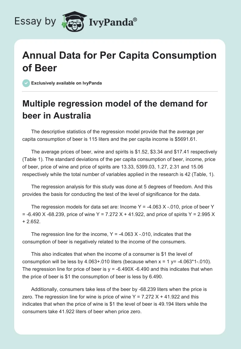 Annual Data for Per Capita Consumption of Beer. Page 1