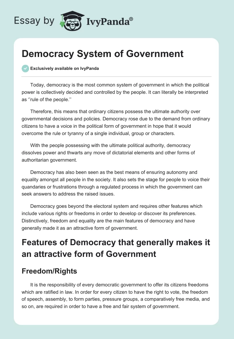 Democracy System of Government. Page 1