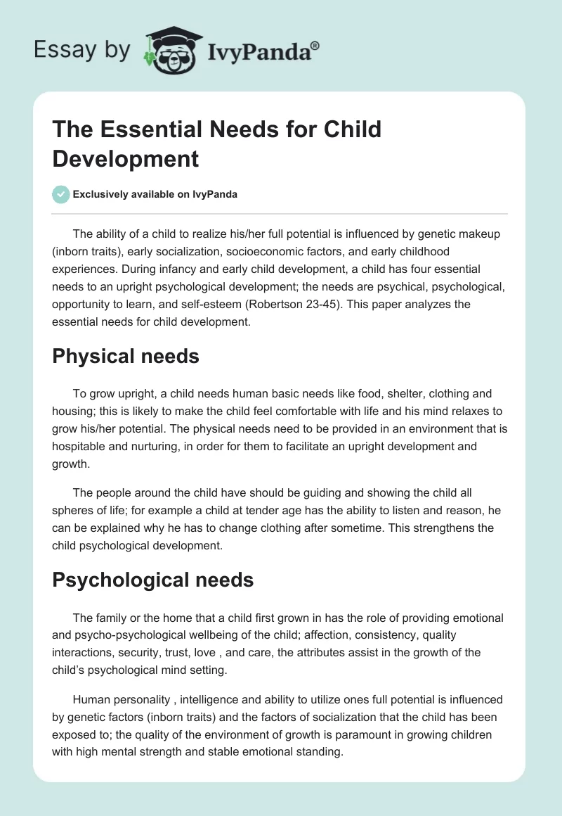 The Essential Needs for Child Development. Page 1