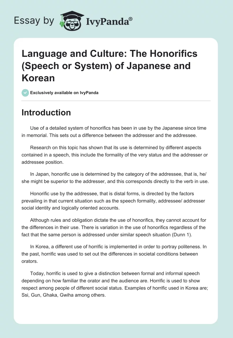 Language and Culture: The Honorifics (Speech or System) of Japanese and Korean. Page 1