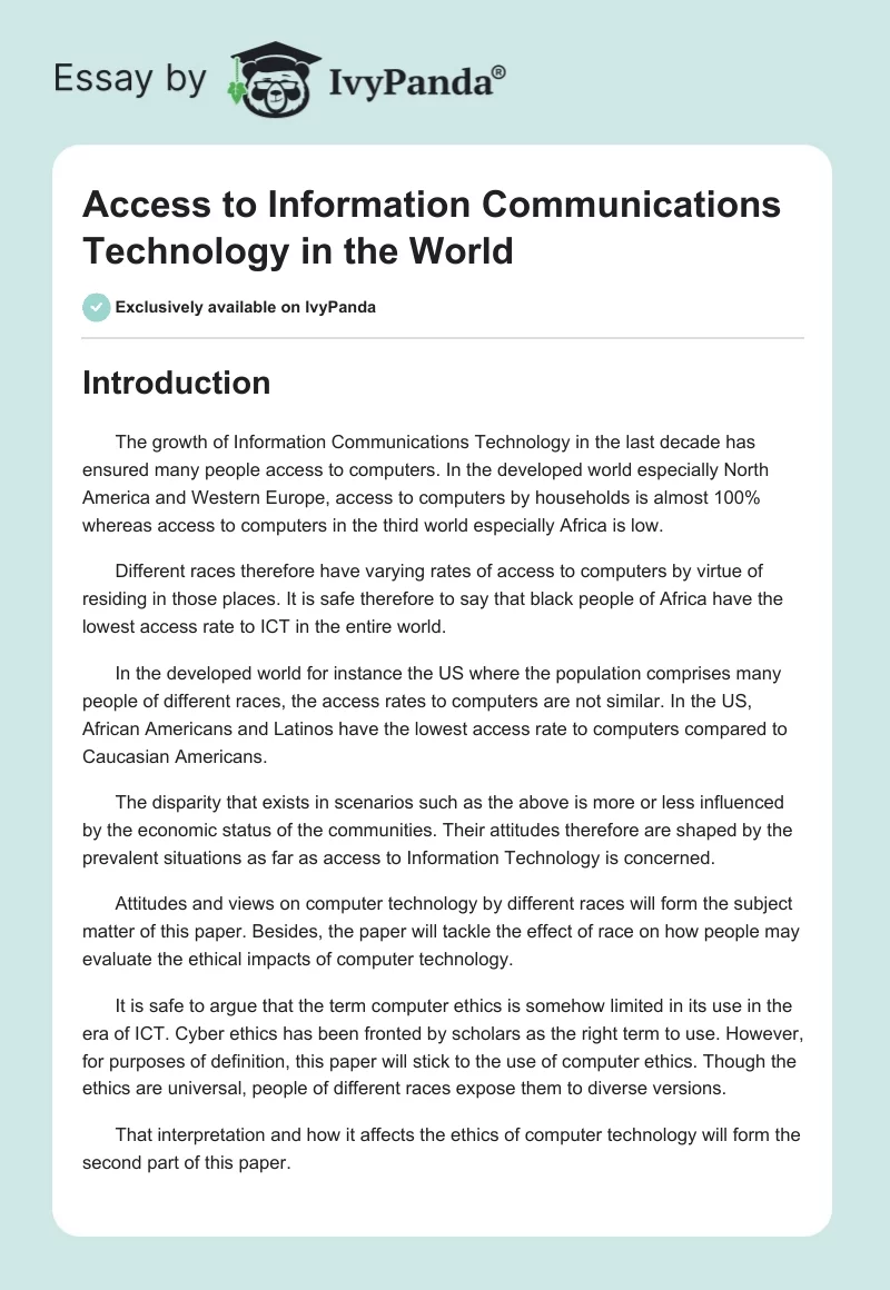Access to Information Communications Technology in the World. Page 1