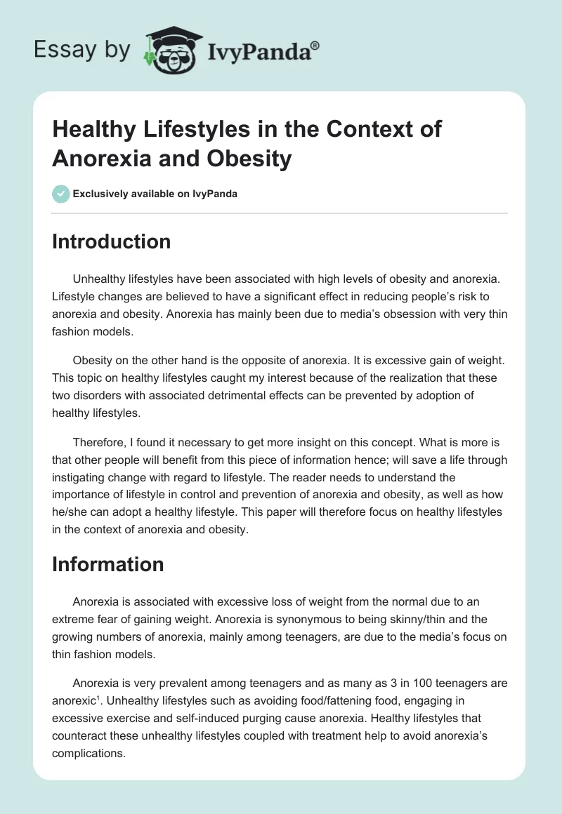 Healthy Lifestyles in the Context of Anorexia and Obesity. Page 1