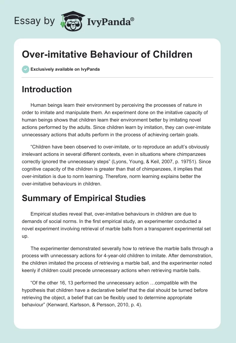 Over-imitative Behaviour of Children. Page 1