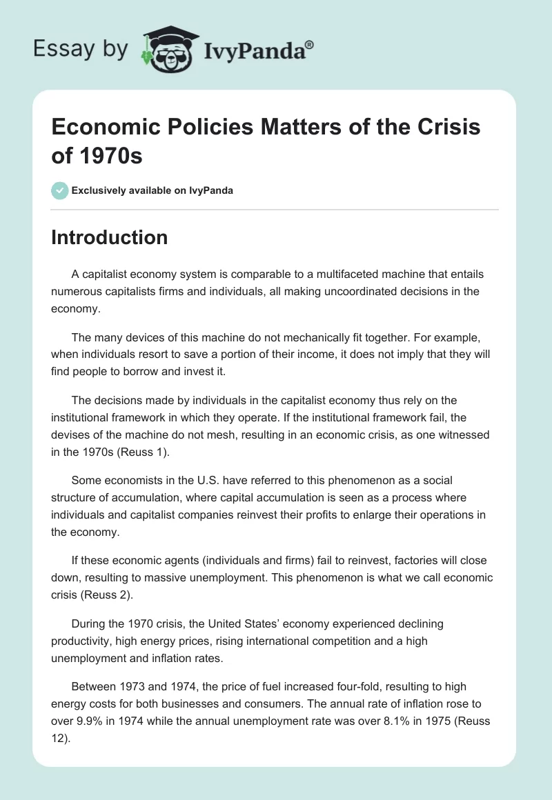Economic Policies Matters of the Crisis of 1970s. Page 1