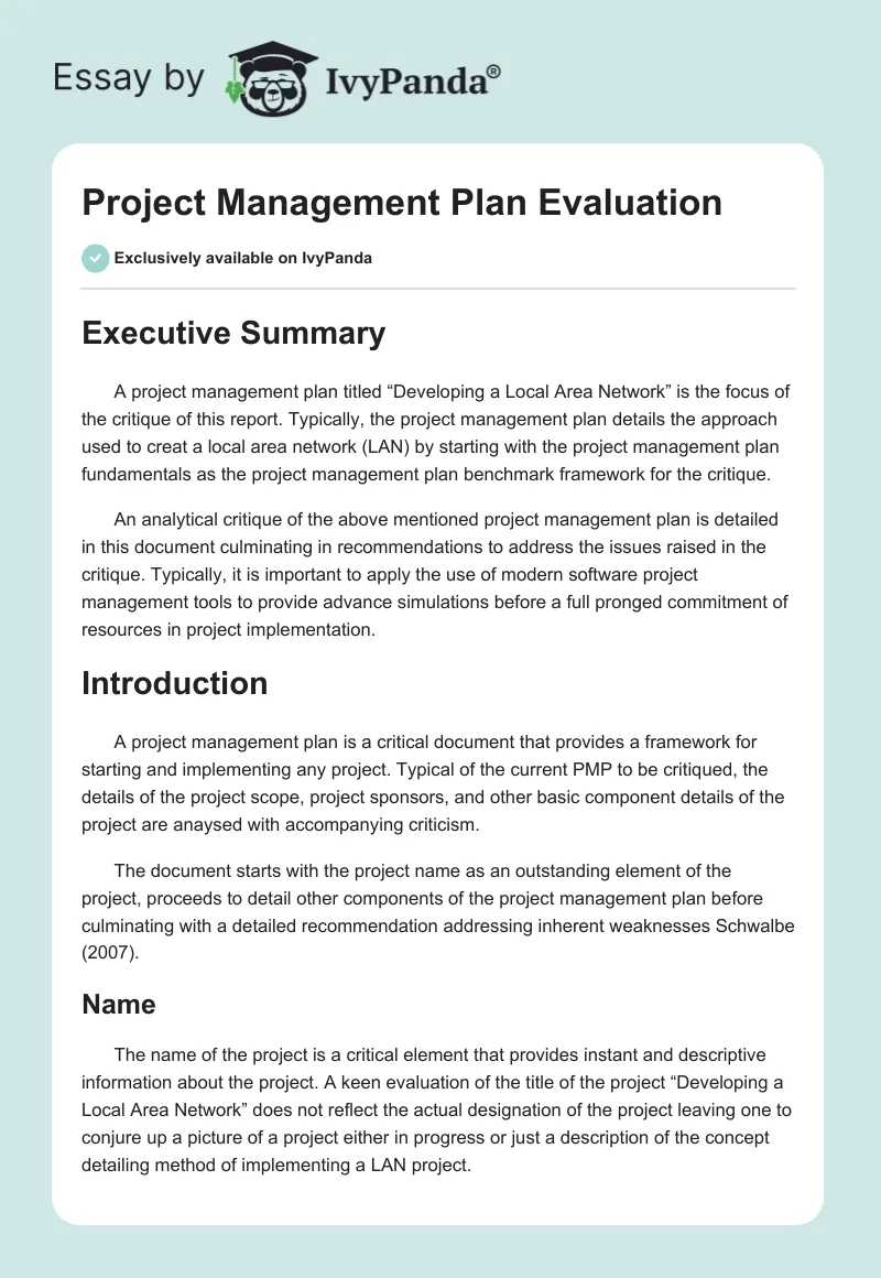 Project Management Plan Evaluation. Page 1