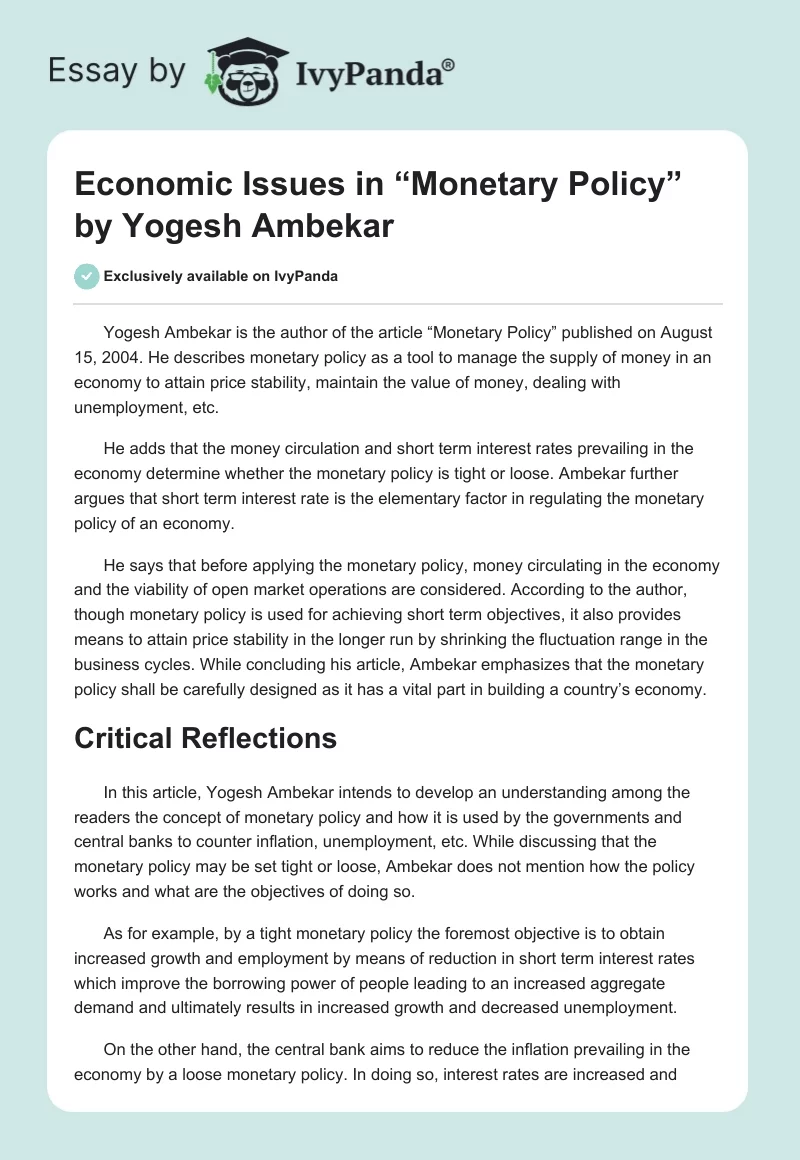 Economic Issues in “Monetary Policy” by Yogesh Ambekar. Page 1