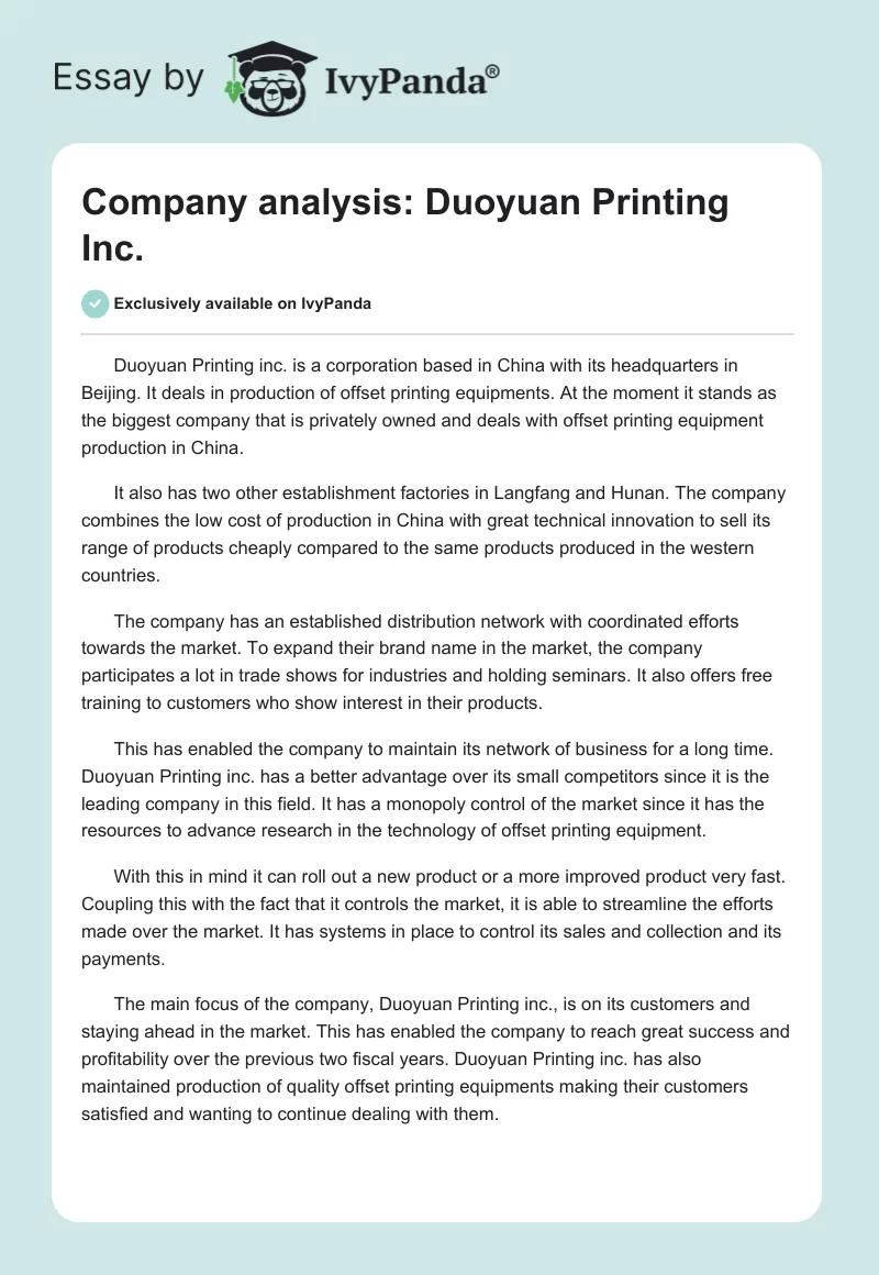 Company analysis: Duoyuan Printing Inc.. Page 1