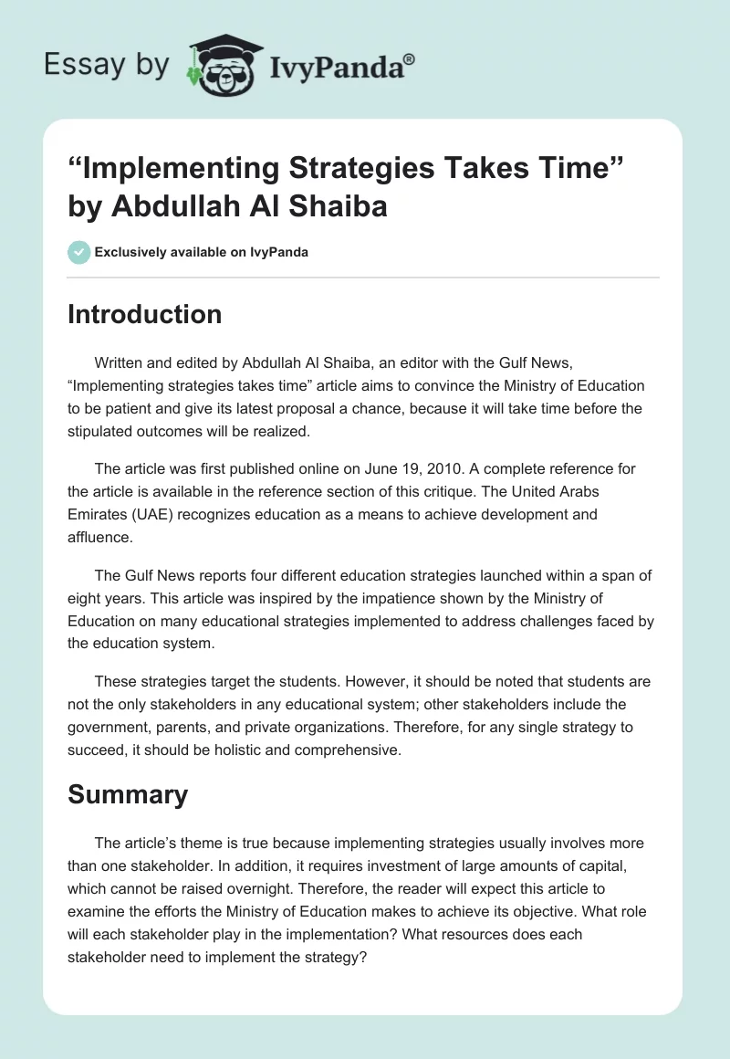 “Implementing Strategies Takes Time” by Abdullah Al Shaiba. Page 1