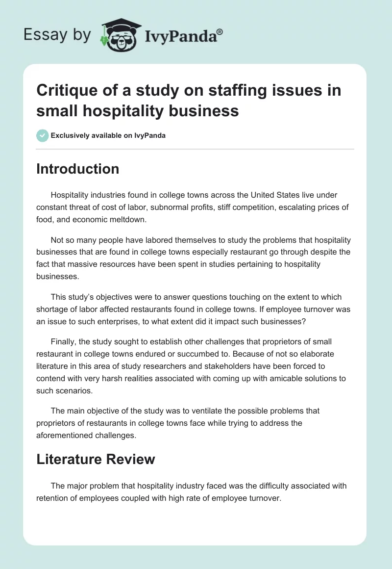 Critique of a study on staffing issues in small hospitality business. Page 1