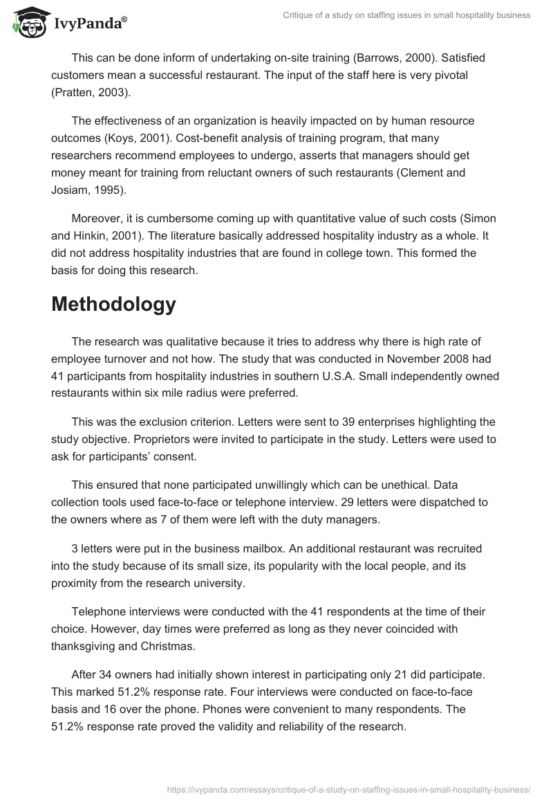 Critique of a study on staffing issues in small hospitality business. Page 3