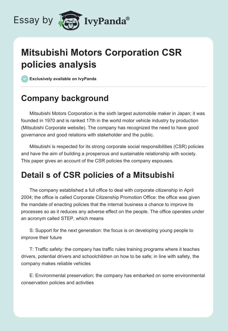 Mitsubishi Motors Corporation CSR Policies Analysis. Page 1