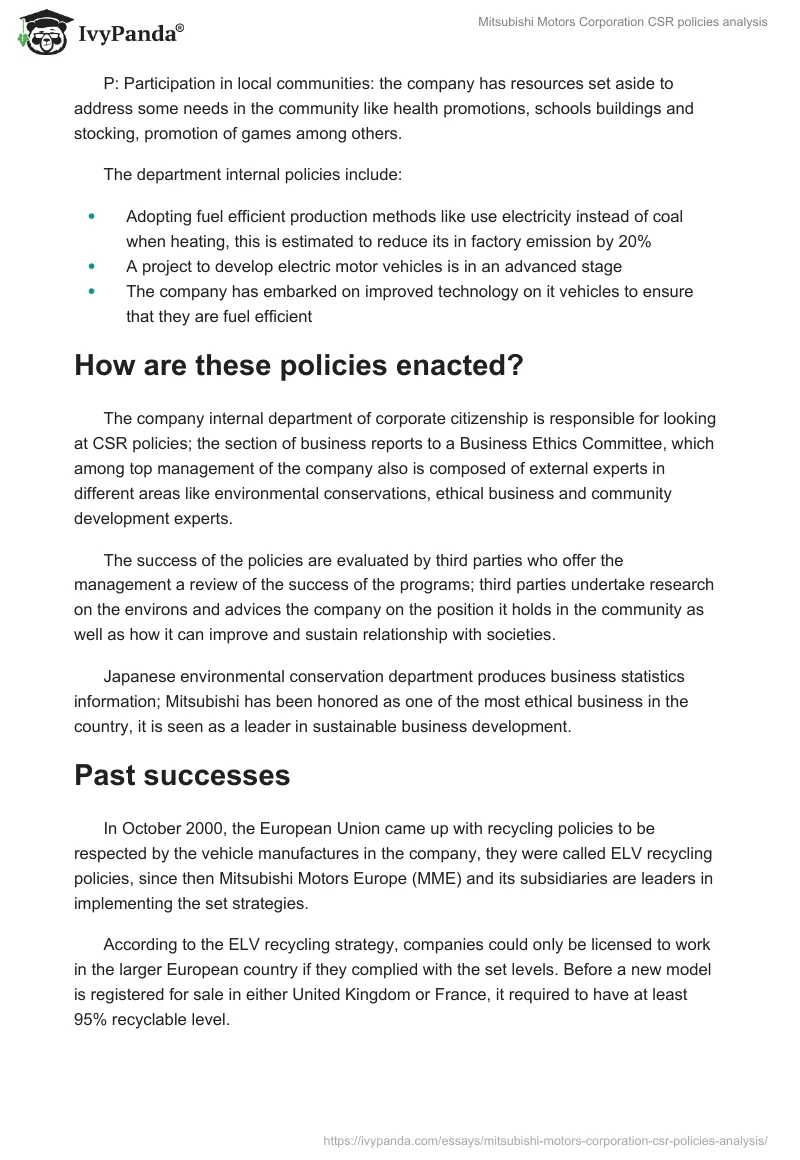 Mitsubishi Motors Corporation CSR Policies Analysis. Page 2