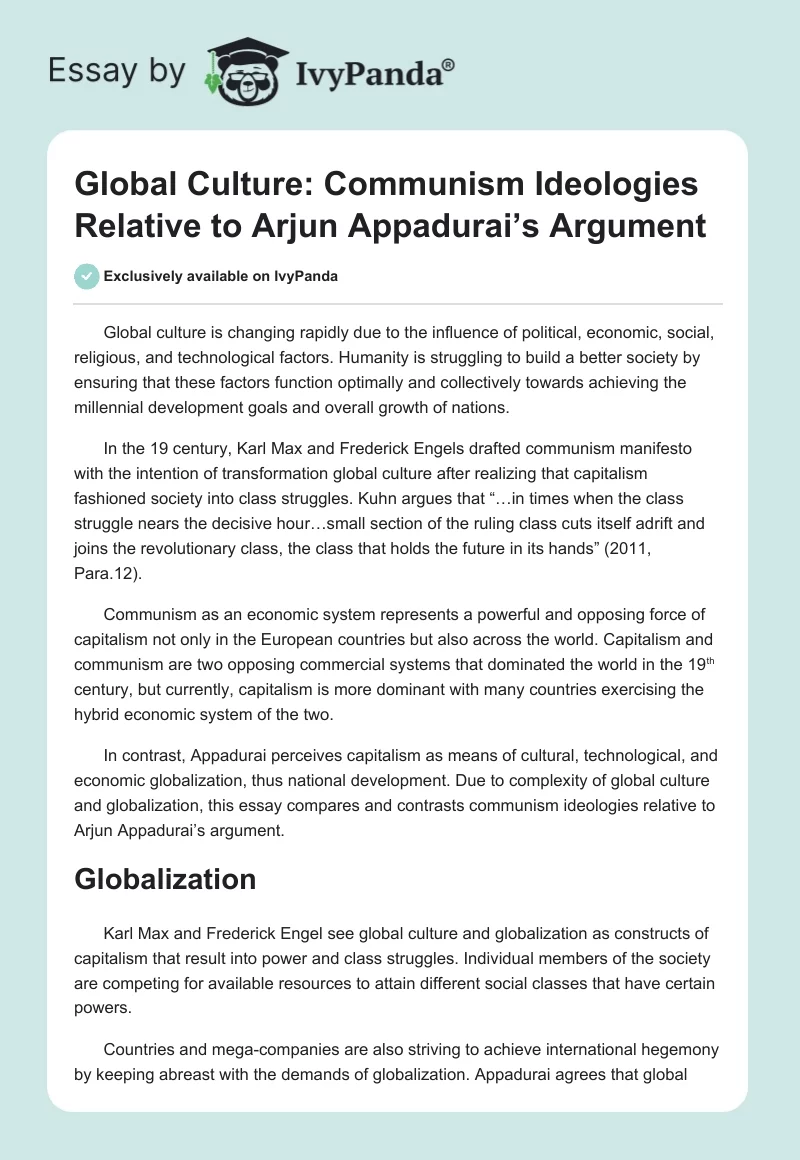 Global Culture: Communism Ideologies Relative to Arjun Appadurai’s Argument. Page 1