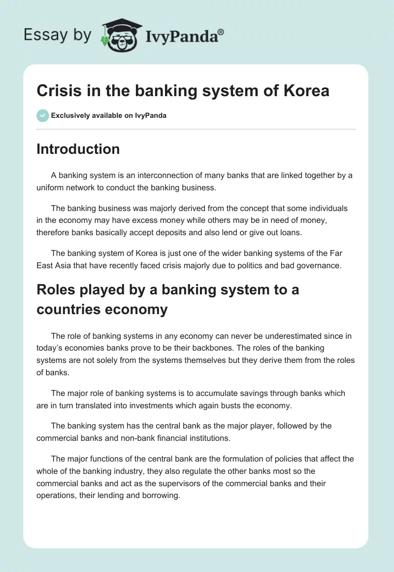 Crisis in the Banking System of Korea. Page 1