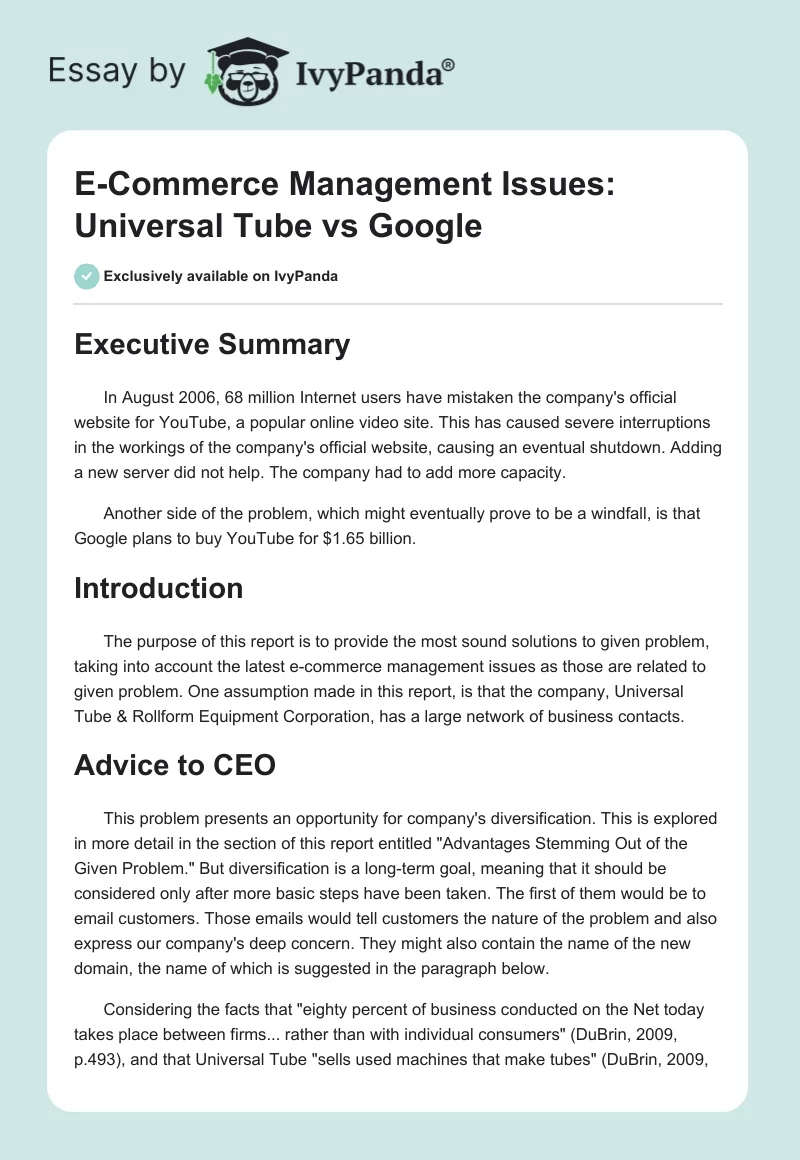 E-Commerce Management Issues: Universal Tube vs. Google. Page 1