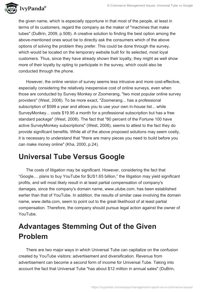 E-Commerce Management Issues: Universal Tube vs. Google. Page 3