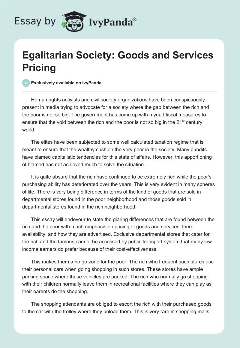 Egalitarian Society: Goods and Services Pricing. Page 1