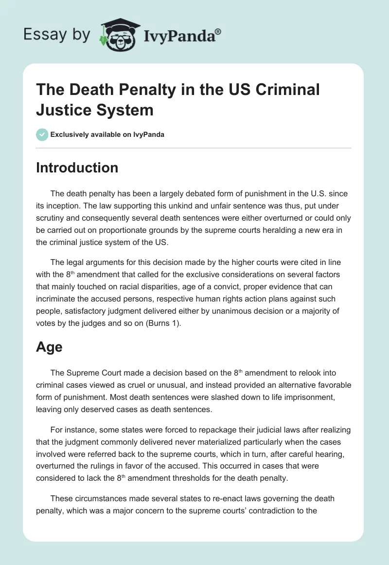 The Death Penalty in the US Criminal Justice System. Page 1