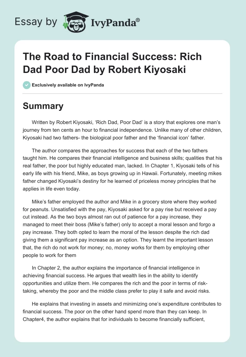 The Road to Financial Success: "Rich Dad Poor Dad" by Robert Kiyosaki. Page 1