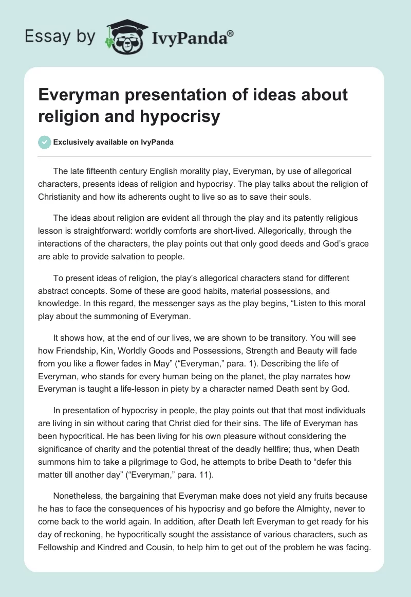 Everyman presentation of ideas about religion and hypocrisy. Page 1