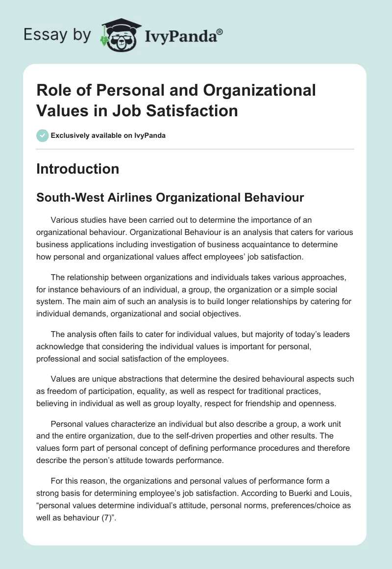 Role of Personal and Organizational Values in Job Satisfaction. Page 1