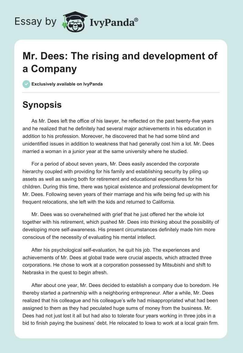 Mr. Dees: The rising and development of a Company. Page 1