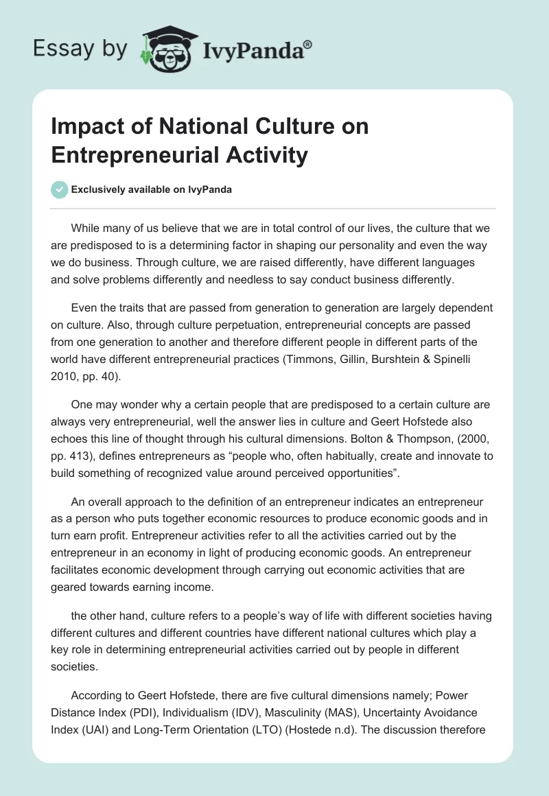 Impact of National Culture on Entrepreneurial Activity. Page 1