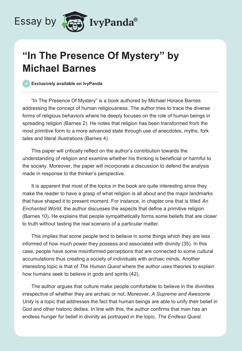 “In The Presence Of Mystery” by Michael Barnes. Page 1