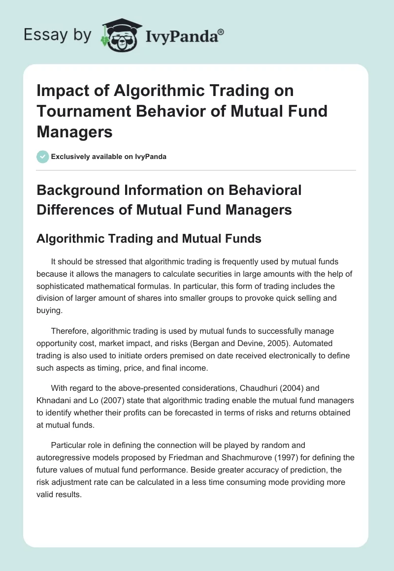 Impact of Algorithmic Trading on Tournament Behavior of Mutual Fund Managers. Page 1