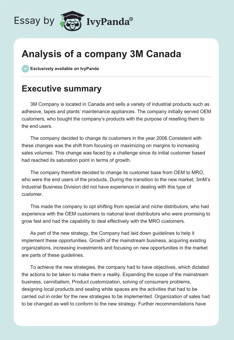 Analysis of a company 3M Canada. Page 1