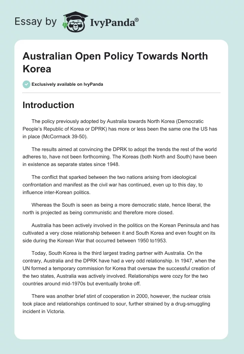 Australian Open Policy Towards North Korea. Page 1