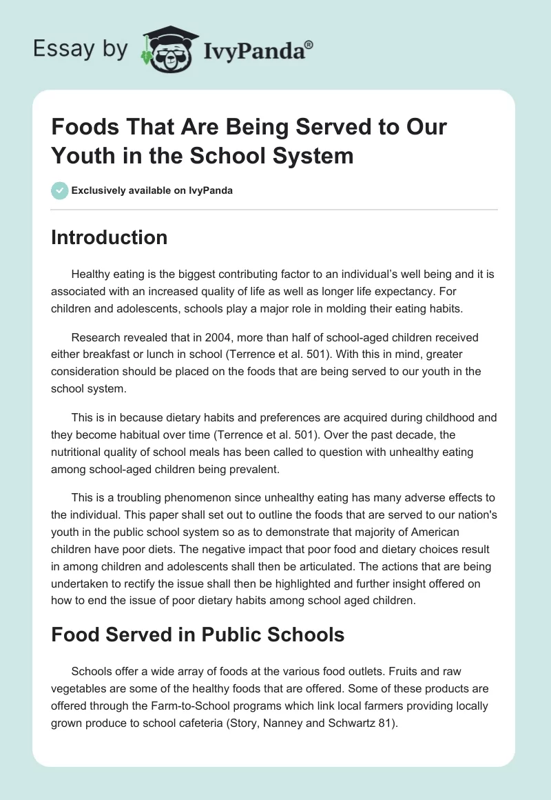 Foods That Are Being Served to Our Youth in the School System. Page 1