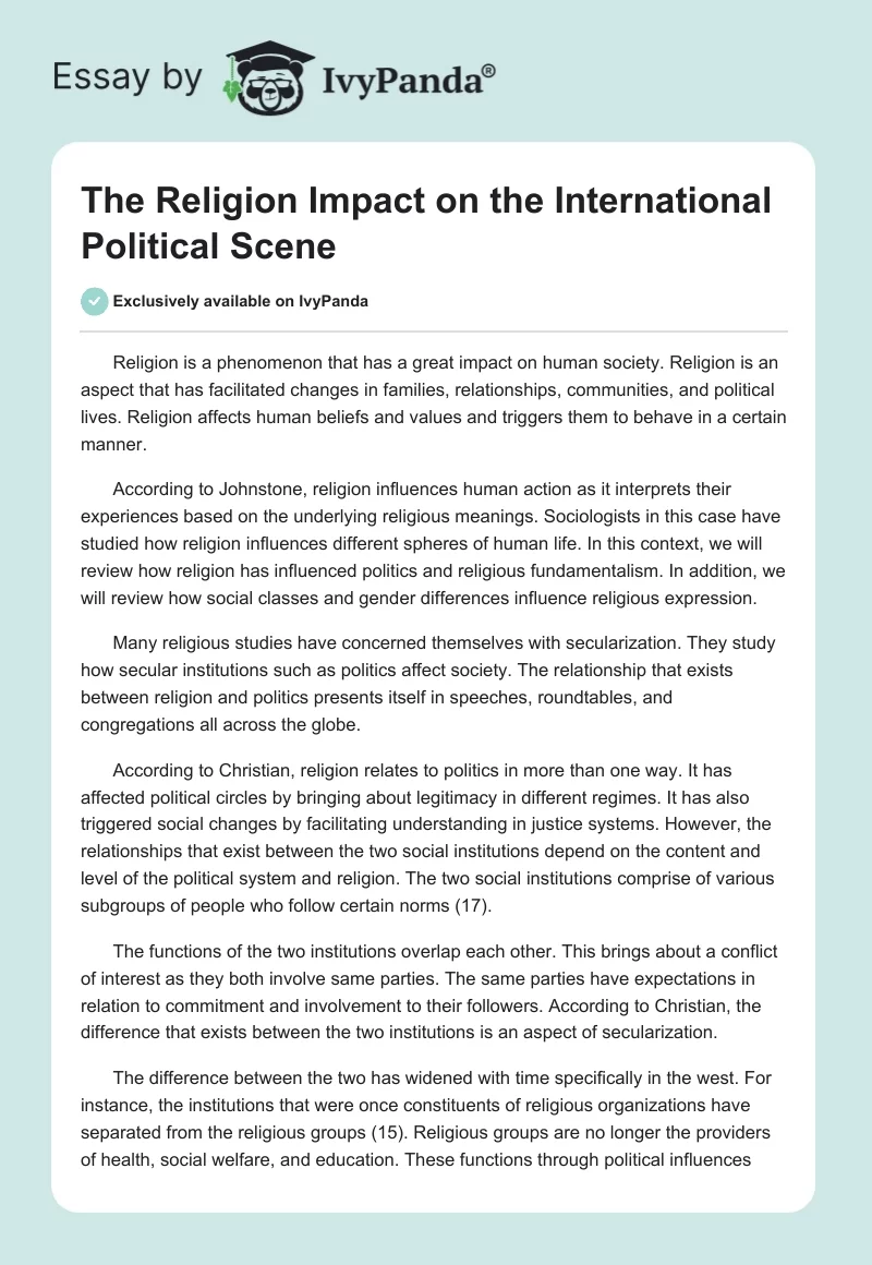 The Religion Impact on the International Political Scene. Page 1