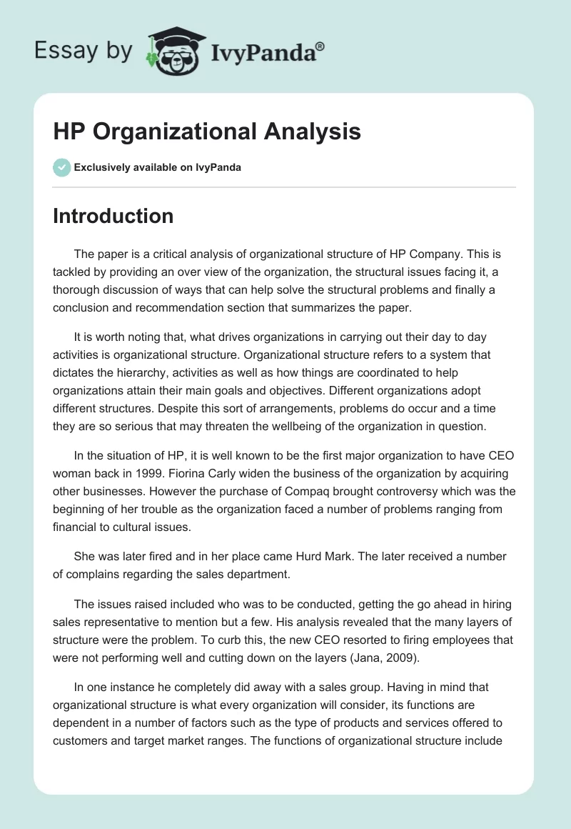 HP Organizational Analysis. Page 1