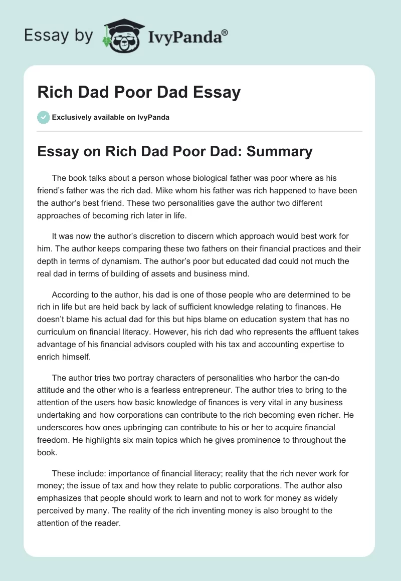 Rich Dad Poor Dad Essay. Page 1
