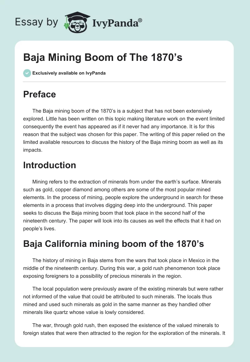 Baja Mining Boom of The 1870’s. Page 1