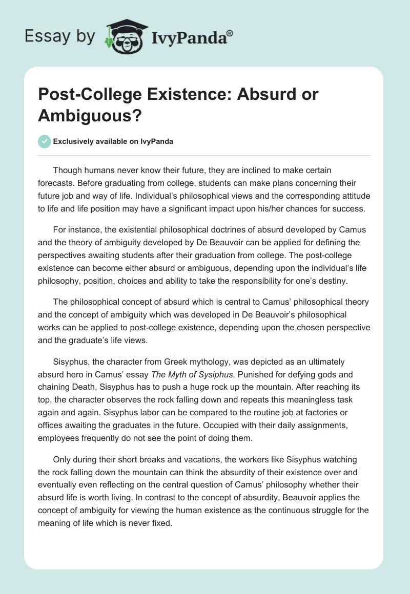 Post-College Existence: Absurd or Ambiguous?. Page 1