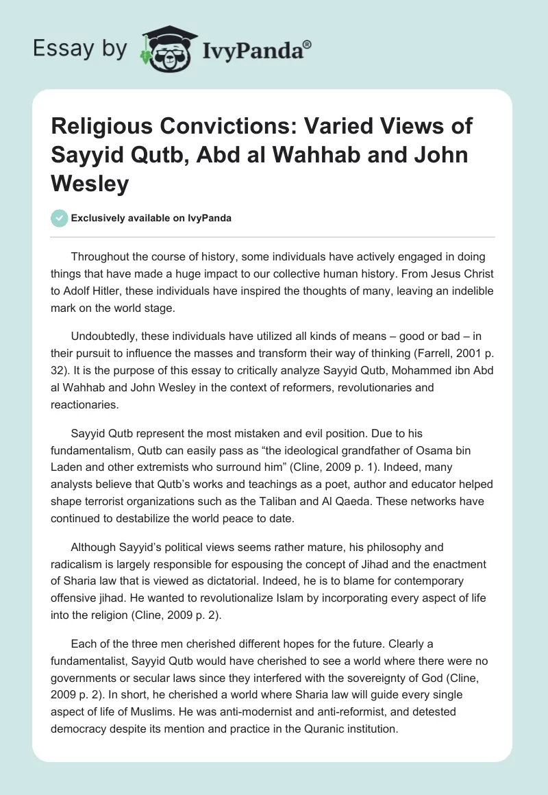 Religious Convictions: Varied Views of Sayyid Qutb, Abd al Wahhab and John Wesley. Page 1