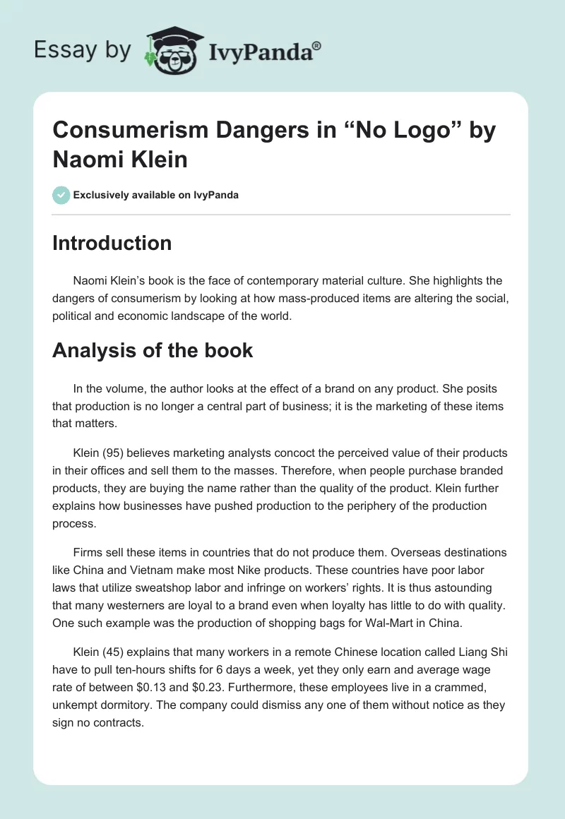 Consumerism Dangers in “No Logo” by Naomi Klein. Page 1