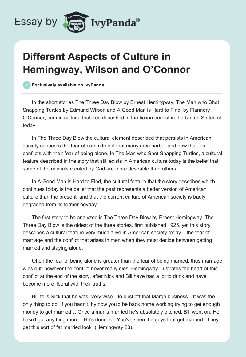 Different Aspects of Culture in Hemingway, Wilson and O’Connor. Page 1