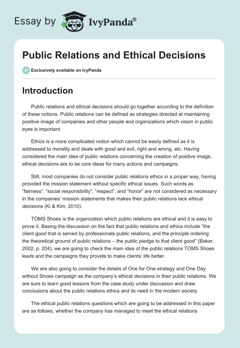 Public Relations and Ethical Decisions. Page 1
