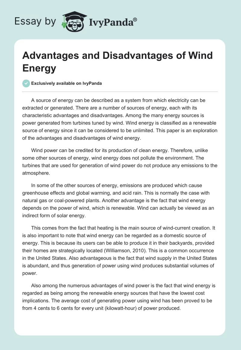 Advantages and Disadvantages of Wind Energy. Page 1