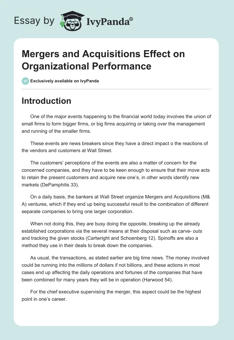 Mergers and Acquisitions Effect on Organizational Performance. Page 1